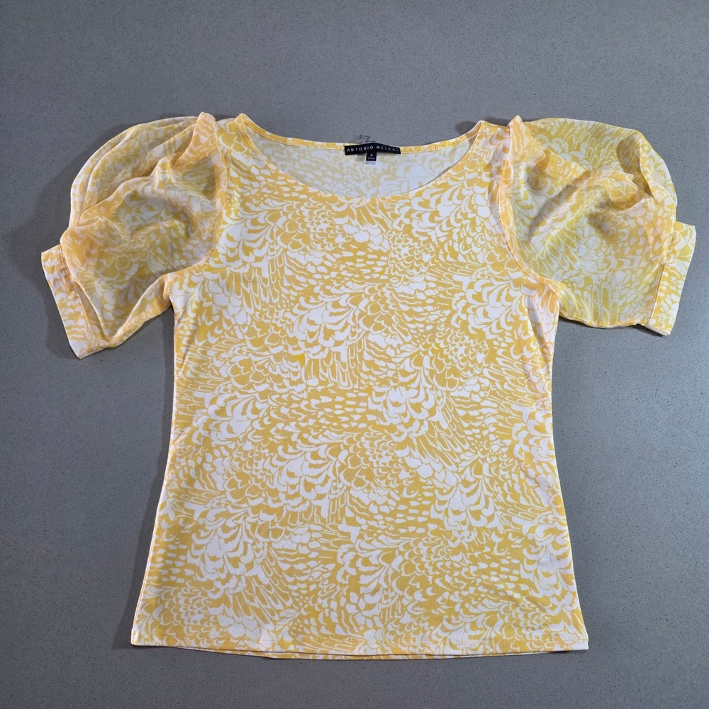 Antonio Melani Yellow White Abstract Print Puff Sleeve Top Small